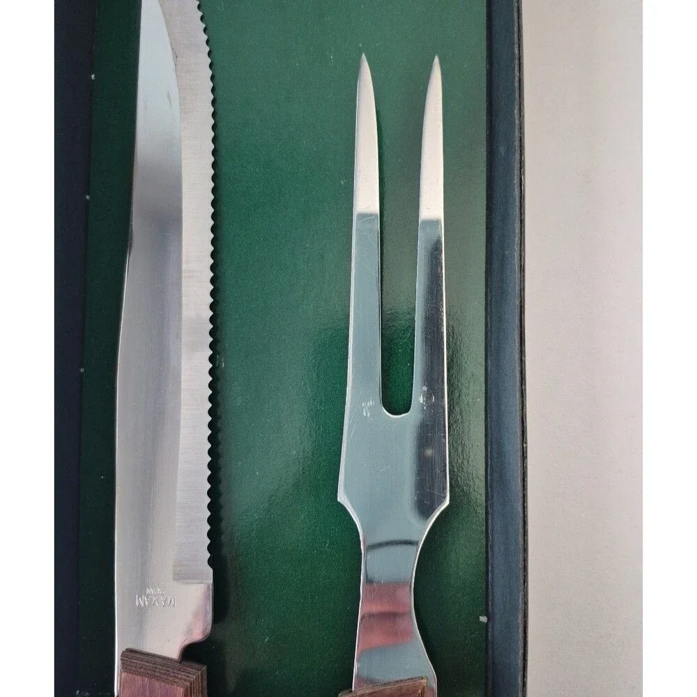 Maxam VTG Stainless Steel Wooden Carving Fork and Knife Set in Original Box CTCF